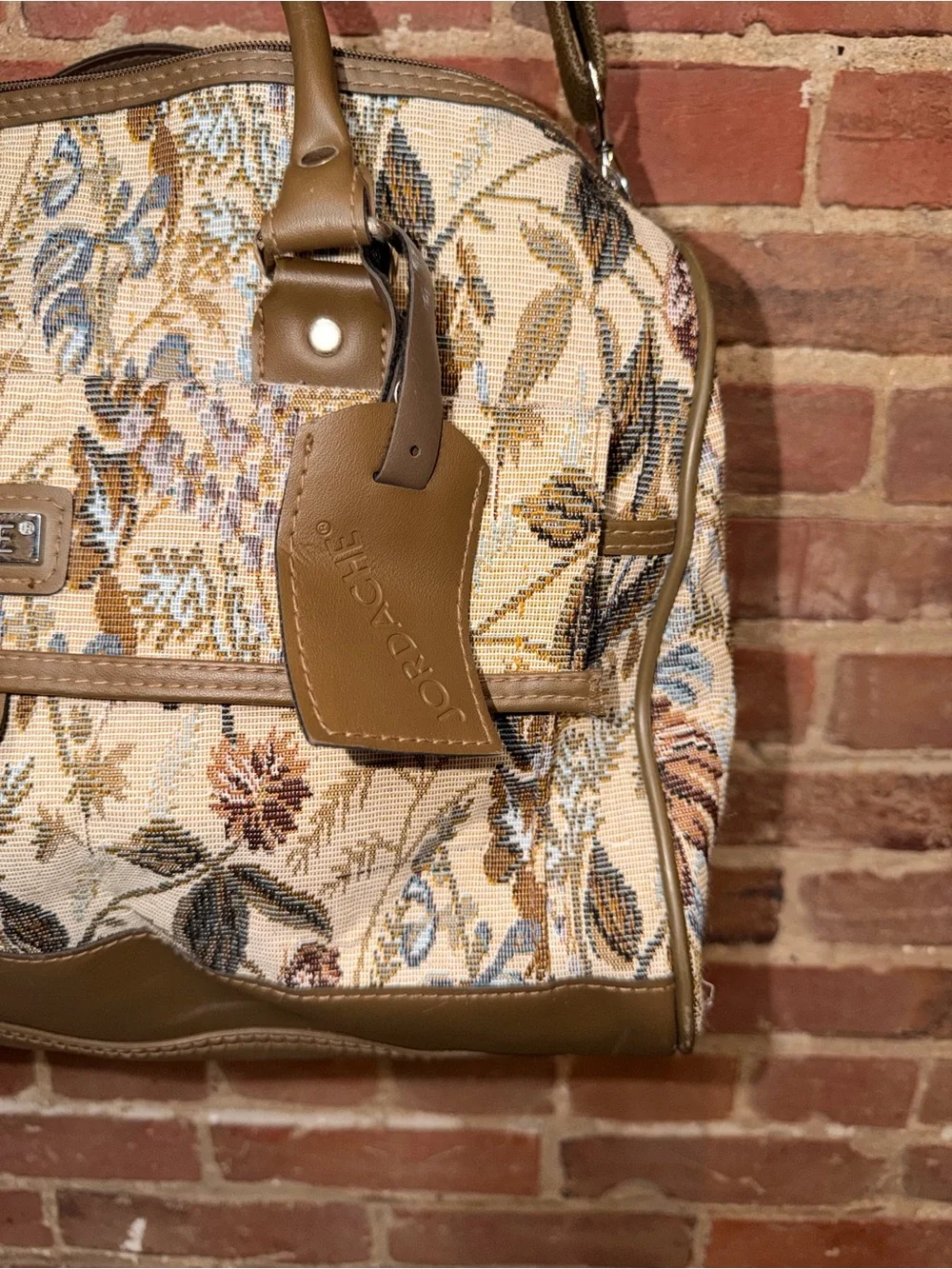 Jordache Floral Tapestry Satchel Handle Bag Shoulder Strap Olive Brown Trim
